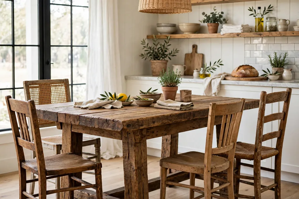 Rustic farm table with a thick wood top and wooden chairs in a bright kitchen.