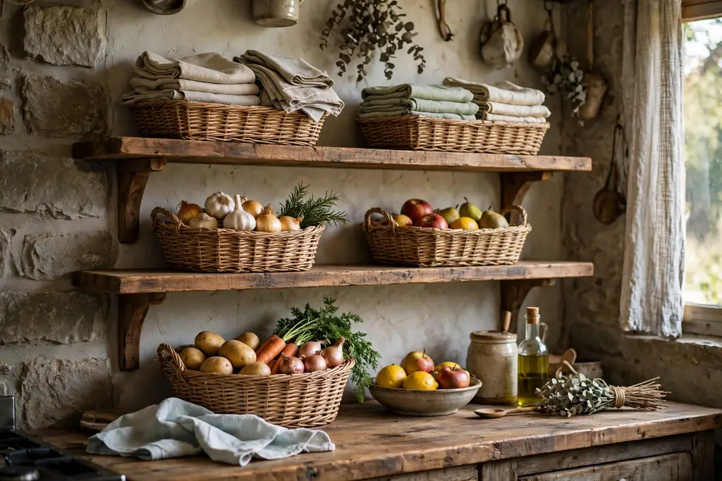 Open kitchen shelves with woven baskets holding produce and folded linens.