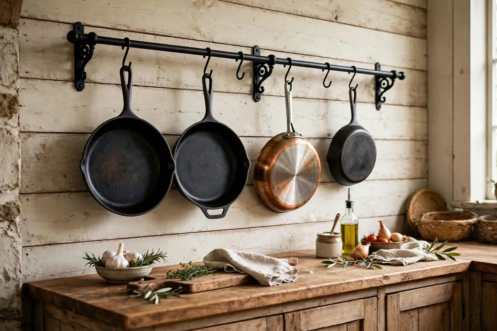 Kitchen wall with a black cast iron pot rail holding hanging pans above a counter.