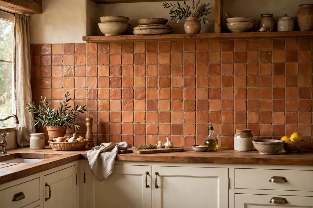Rustic kitchen backsplash in warm terracotta tiles above cream cabinets and wood counters.