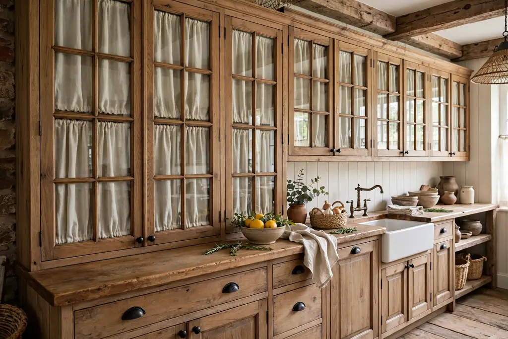 Glass front kitchen cabinets with pale linen curtains inside the doors.