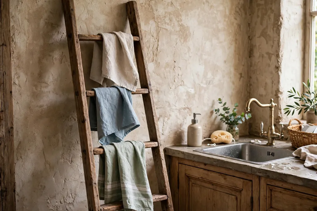 Wooden ladder towel rail leaning against a rustic kitchen wall holding tea towels.
