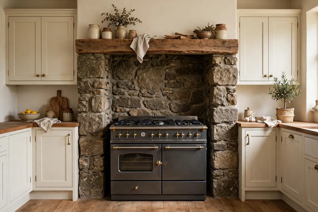 Rustic kitchen range wall with a rough stone hearth and a wood shelf above.