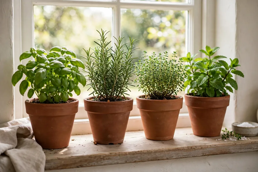 Kitchen windowsill with clay pots holding green herbs beside a bright window.