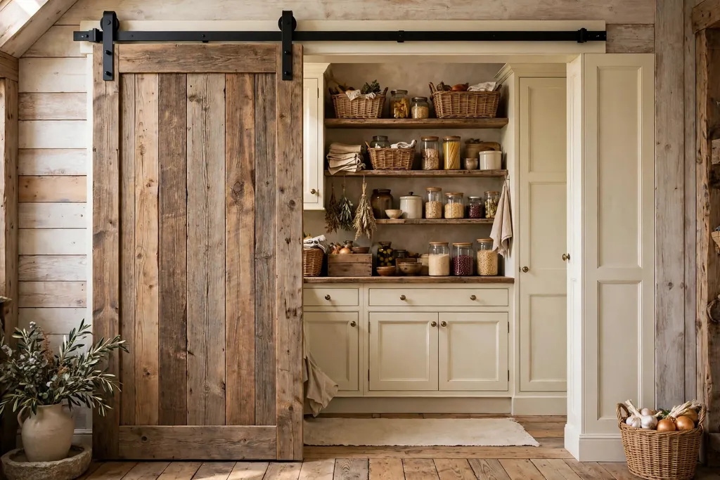 Rustic kitchen pantry with a sliding wood barn door on a black metal rail.