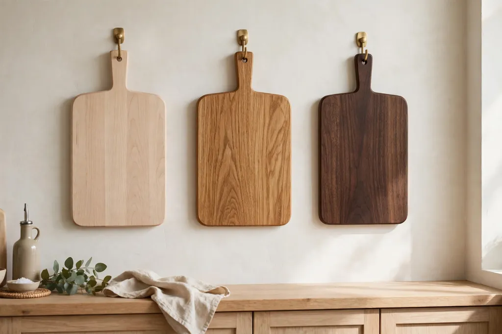 Kitchen wall display of wood cutting boards in pale beech, oak, and dark walnut.