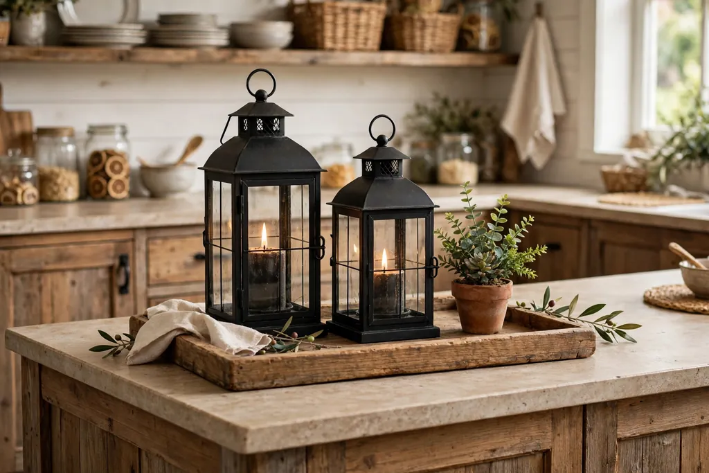 Kitchen island centerpiece with black metal lanterns on a wood tray with a small plant.