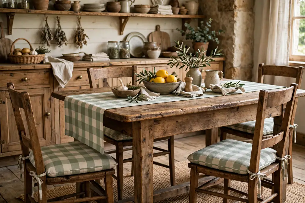 Rustic kitchen table with a sage checked table runner and matching seat cushions.