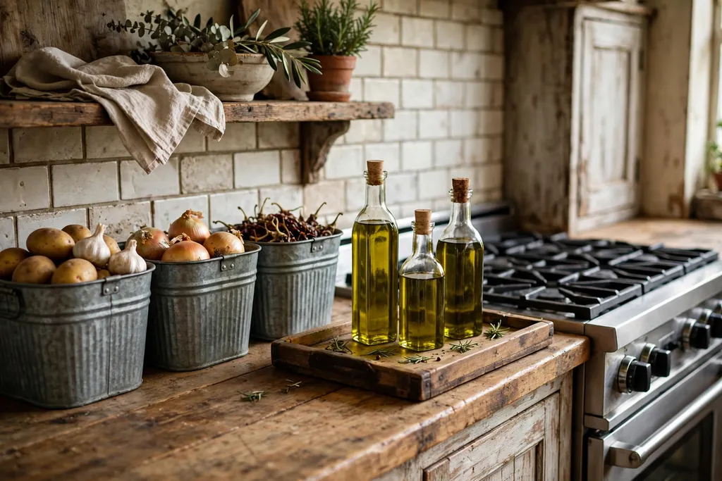 Rustic kitchen counter with galvanized metal bins and a tray holding oil bottles.