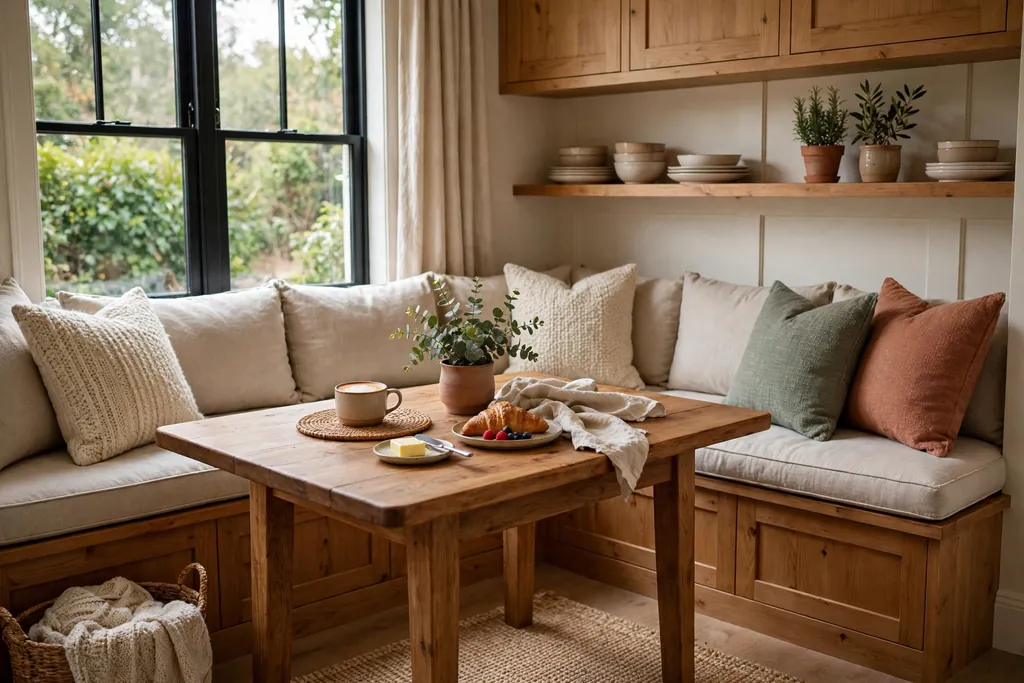 Cozy kitchen breakfast nook with a built in wood bench, thick cushions, and a wood table.