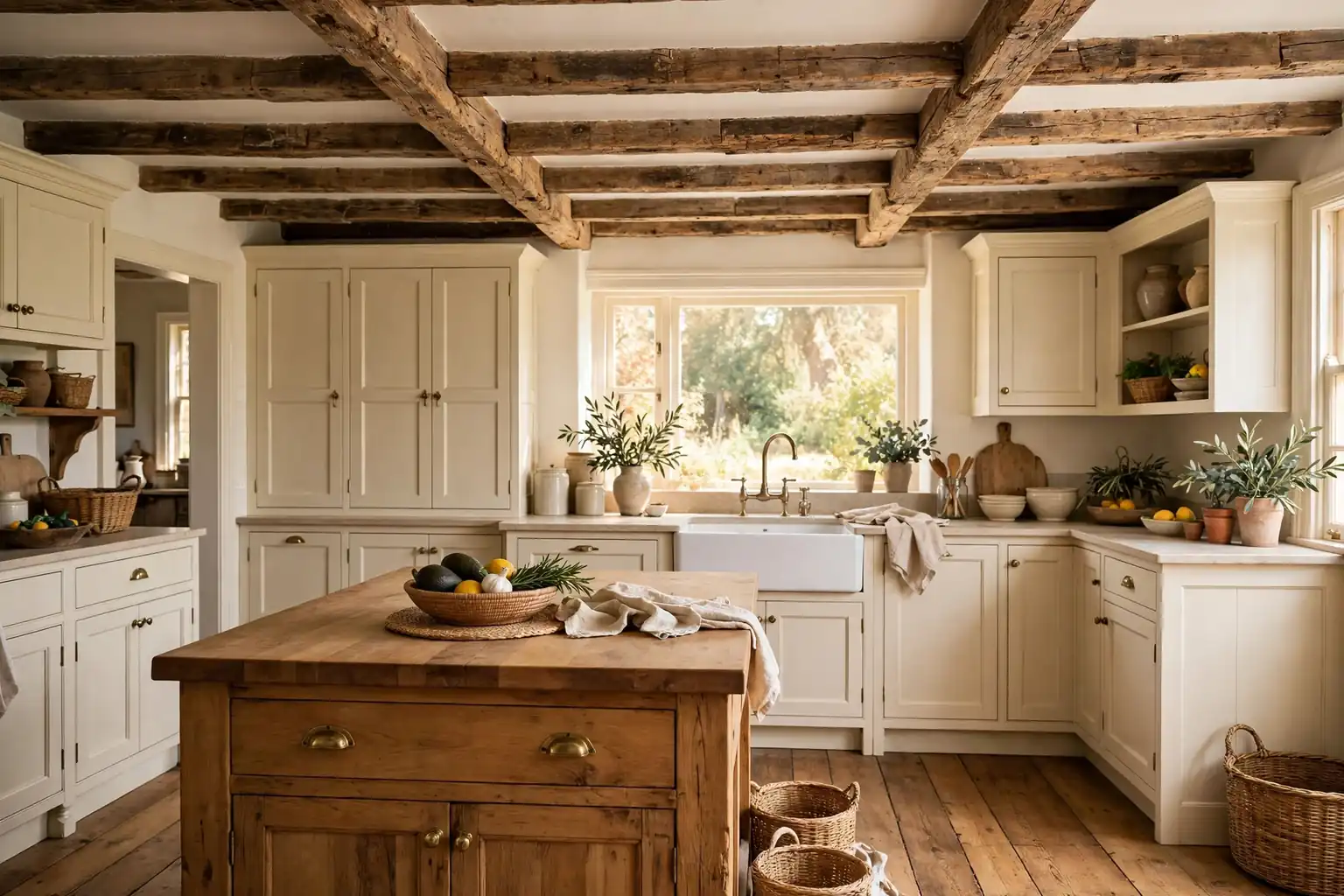 Wide rustic kitchen with reclaimed wood ceiling beams, cream cabinets, a farmhouse sink, and warm daylight.