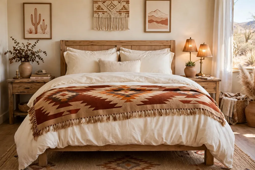 Bedroom with cream cotton bedding and a southwestern woven throw in rust and tan across the foot of the bed.