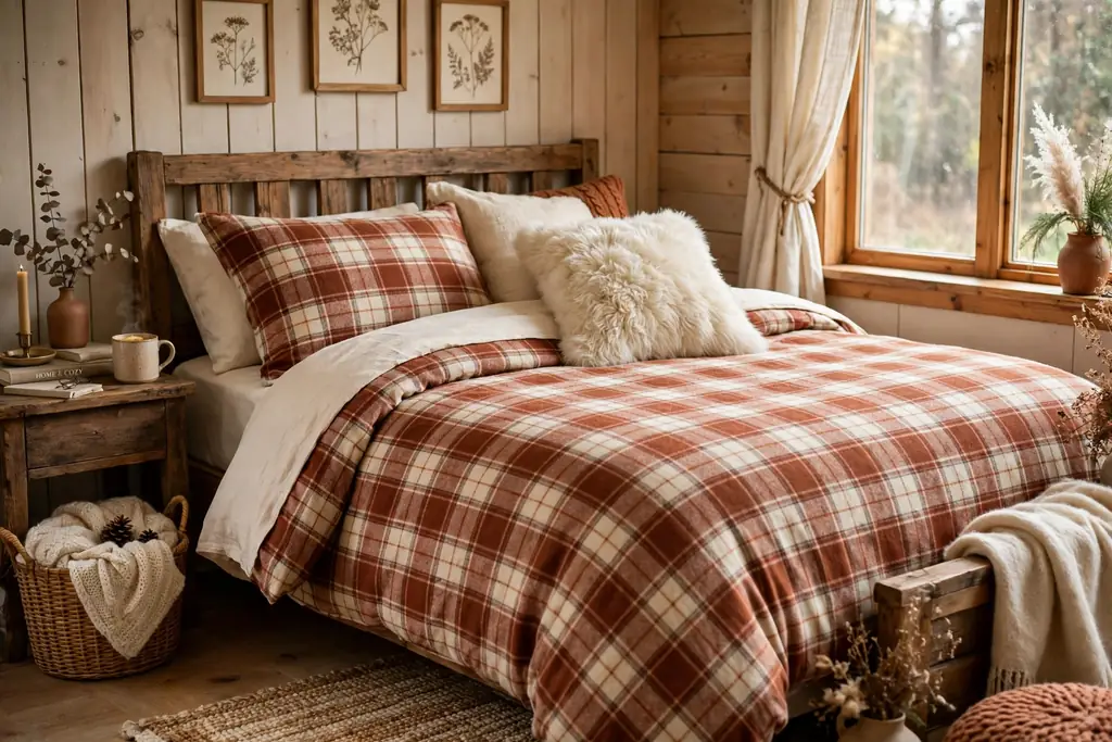 Cozy bedroom with a rustic plaid flannel duvet in rust and cream and a faux fur pillow.