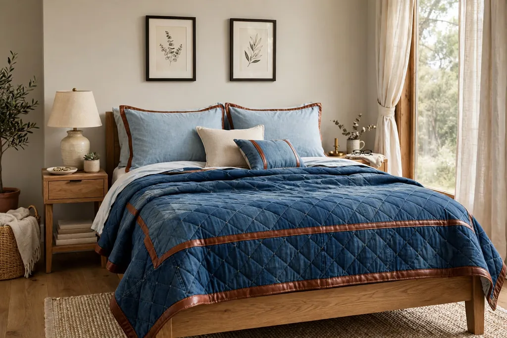 Bedroom with a denim quilt, light chambray shams, and leather trim details on the bedding.