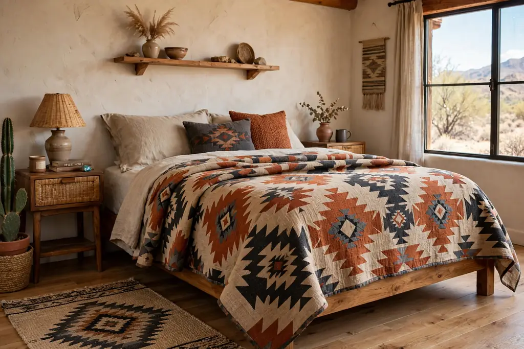 Bedroom with a geometric southwestern quilt in rust, sand, and charcoal covering the bed.