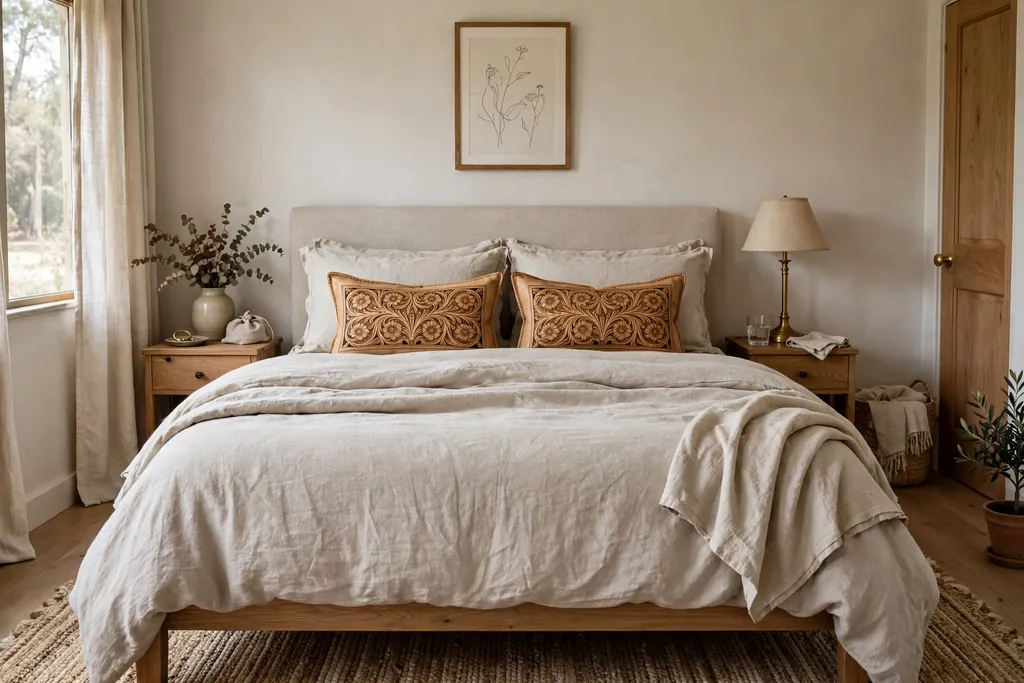 Bedroom with neutral oatmeal linen bedding and tooled leather lumbar pillows in tan.