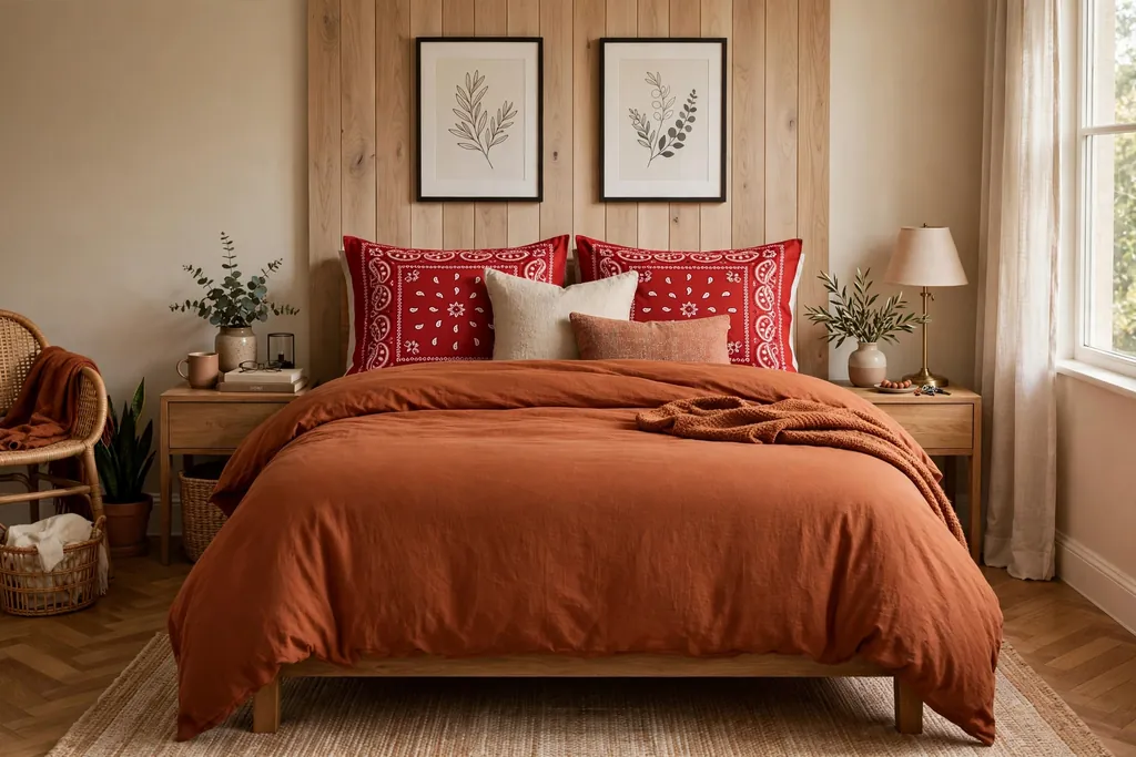 Bedroom with red bandana print pillow shams and a solid rust duvet.