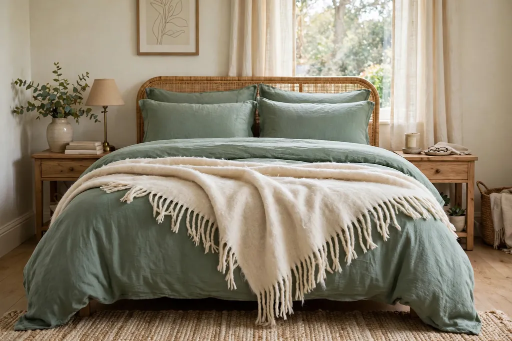 Bedroom with sage green bedding and a fringed cream wool throw across the foot of the bed.
