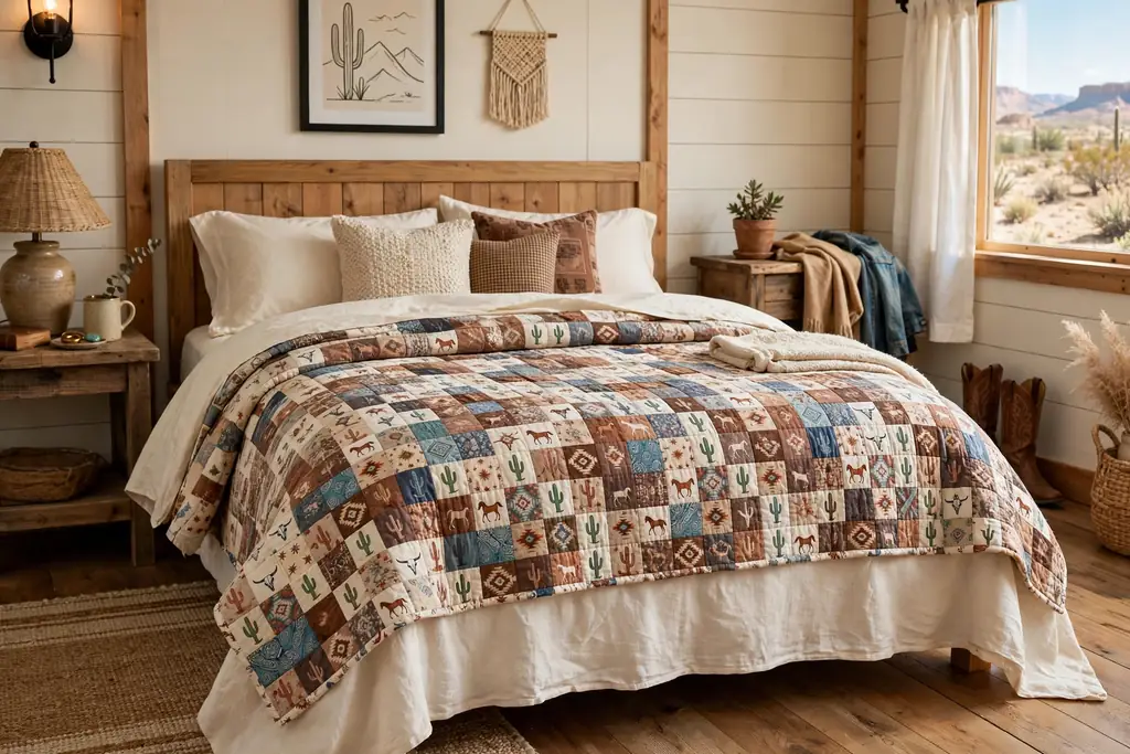 Bedroom with a patchwork quilt in small western prints and plain cream sheets.