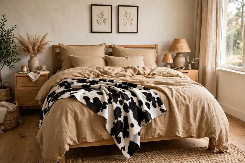 Bedroom with tan linen bedding and a cowhide pattern throw draped across the foot of the bed.