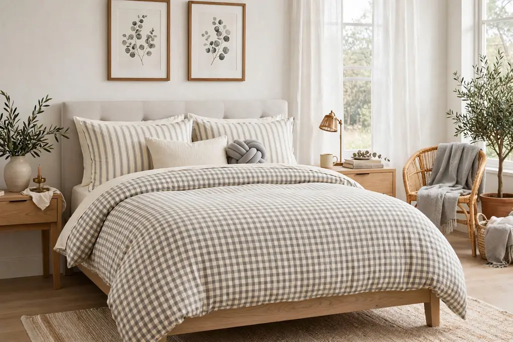Bright bedroom with a gingham duvet and ticking stripe pillow shams in cream and grey.