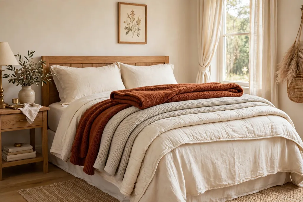 Guest bedroom with layered blankets in cream, oatmeal, and rust neatly folded back on the bed.