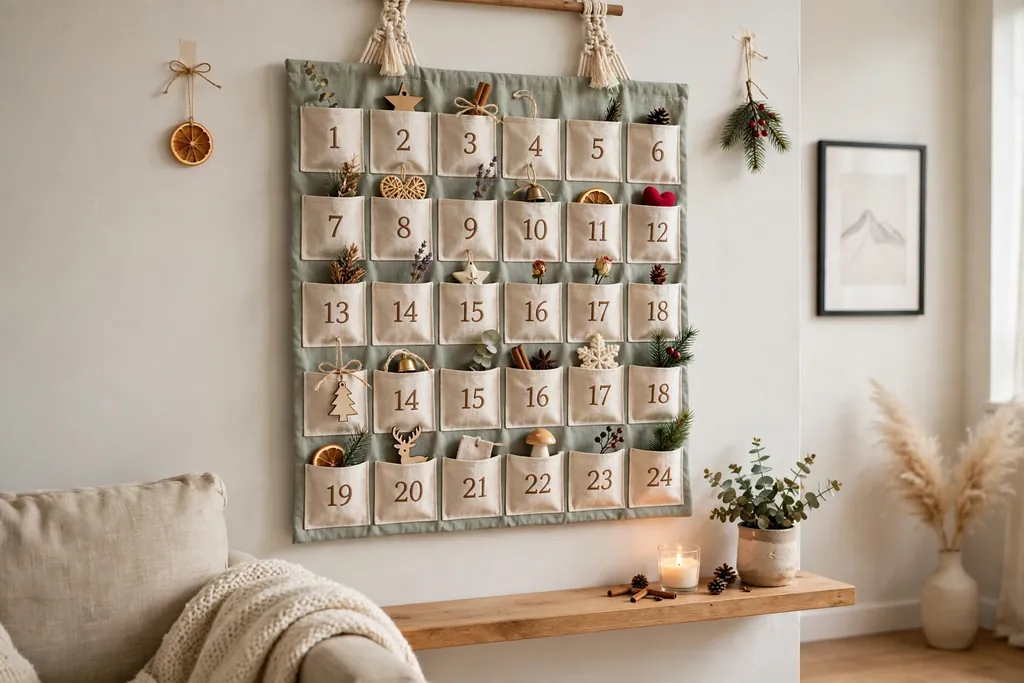 Fabric advent calendar with pockets hung on an apartment wall.