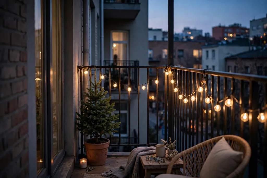 Small apartment balcony with string lights along the railing and a potted evergreen.