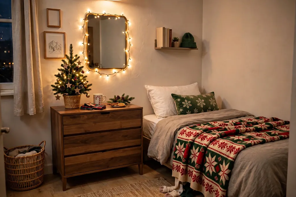 Small apartment bedroom with a mini Christmas tree on a dresser and bedside lights.