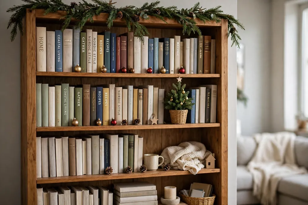 Apartment bookshelf styled with a garland, small ornaments, and books.