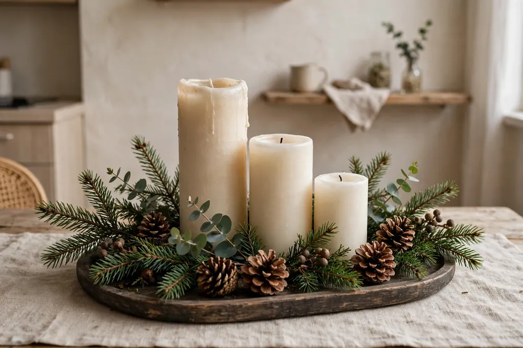 Cluster of candles with greenery on a tray in a small apartment.