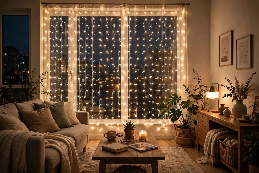Apartment window covered with warm curtain lights in the evening.