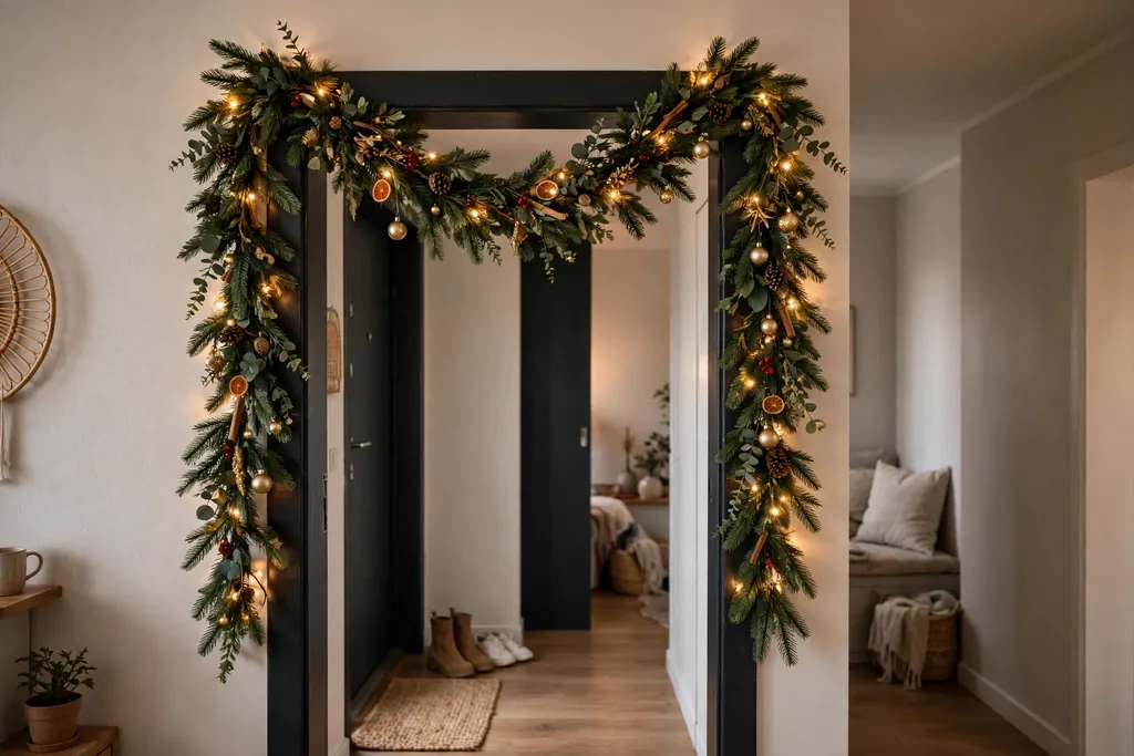 Faux garland draped over an apartment doorway with small ornaments.
