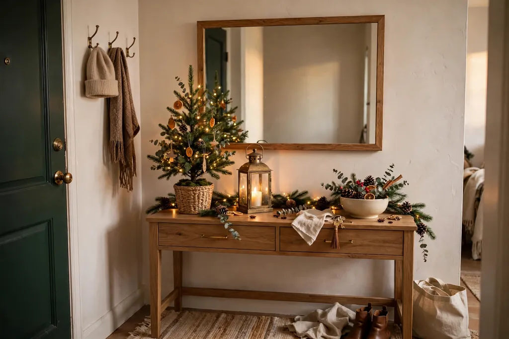 Apartment entry console with a small tree, lantern, and bowl at Christmas.