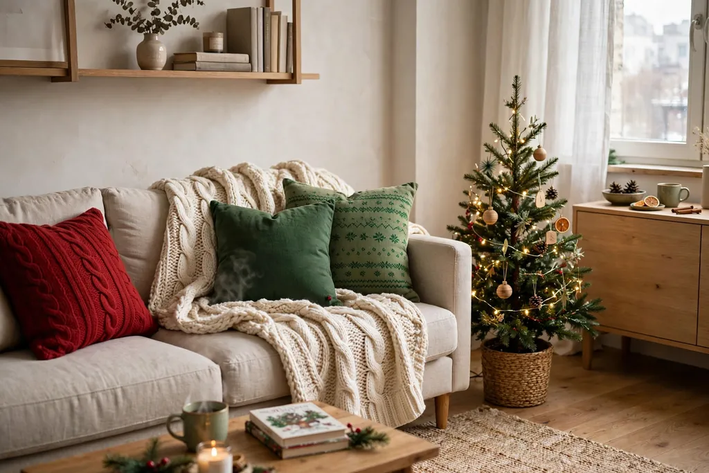 Apartment sofa with festive red and green cushions and a knit throw.