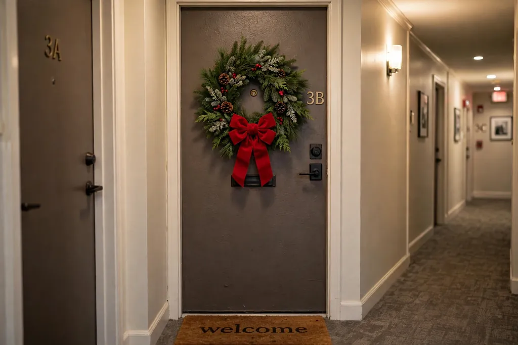Evergreen Christmas wreath with a bow on an apartment front door.