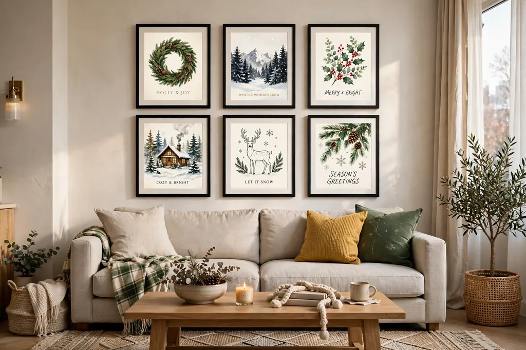 Apartment gallery wall with seasonal Christmas prints in matching frames.