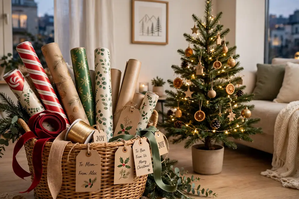 Basket of Christmas wrapping paper, ribbons, and tags beside an apartment tree.