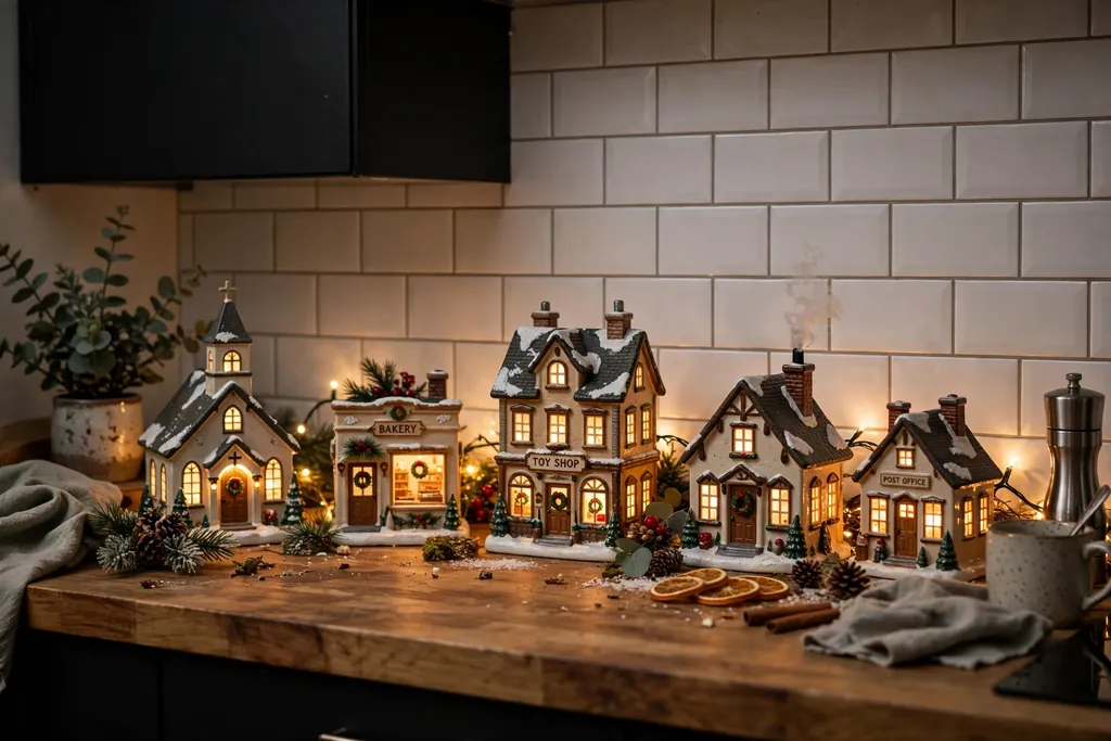 Small Christmas village houses with lights along an apartment kitchen counter.