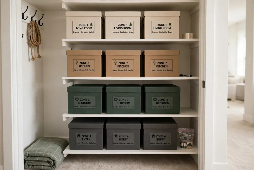 Labeled Christmas storage boxes sorted by zone in an apartment closet.