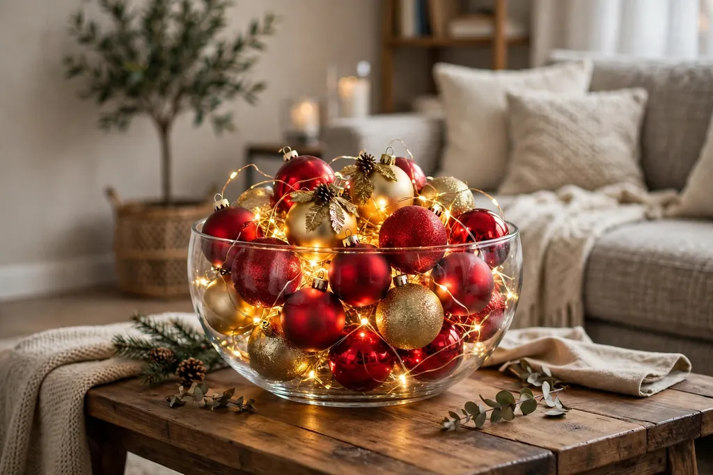 Glass bowl filled with Christmas ornaments on an apartment coffee table.