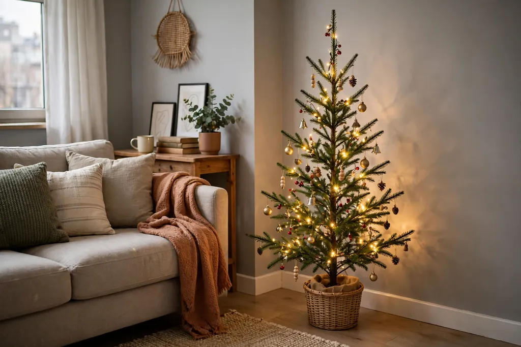 Slim pencil Christmas tree in a small apartment corner with small ornaments.