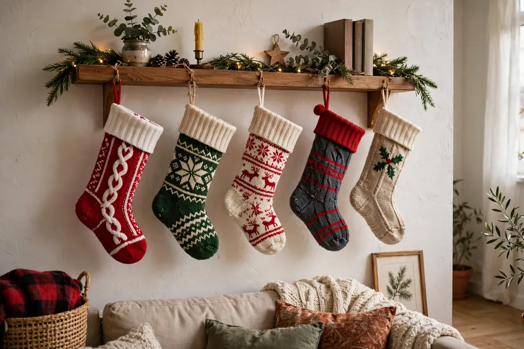 Christmas stockings hung in a row from a shelf in a small apartment.