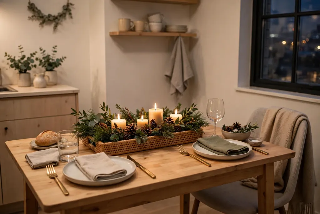 Small apartment dining table with a low Christmas centerpiece tray and candles.