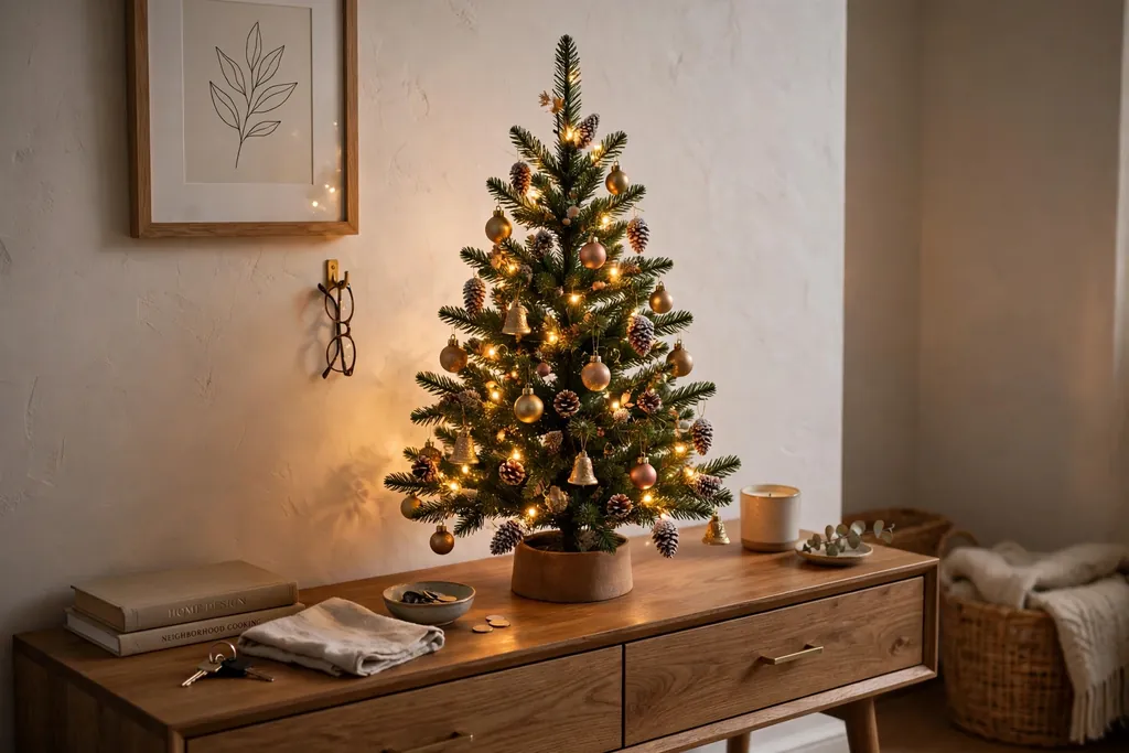 Small tabletop Christmas tree on an apartment console with miniature ornaments.