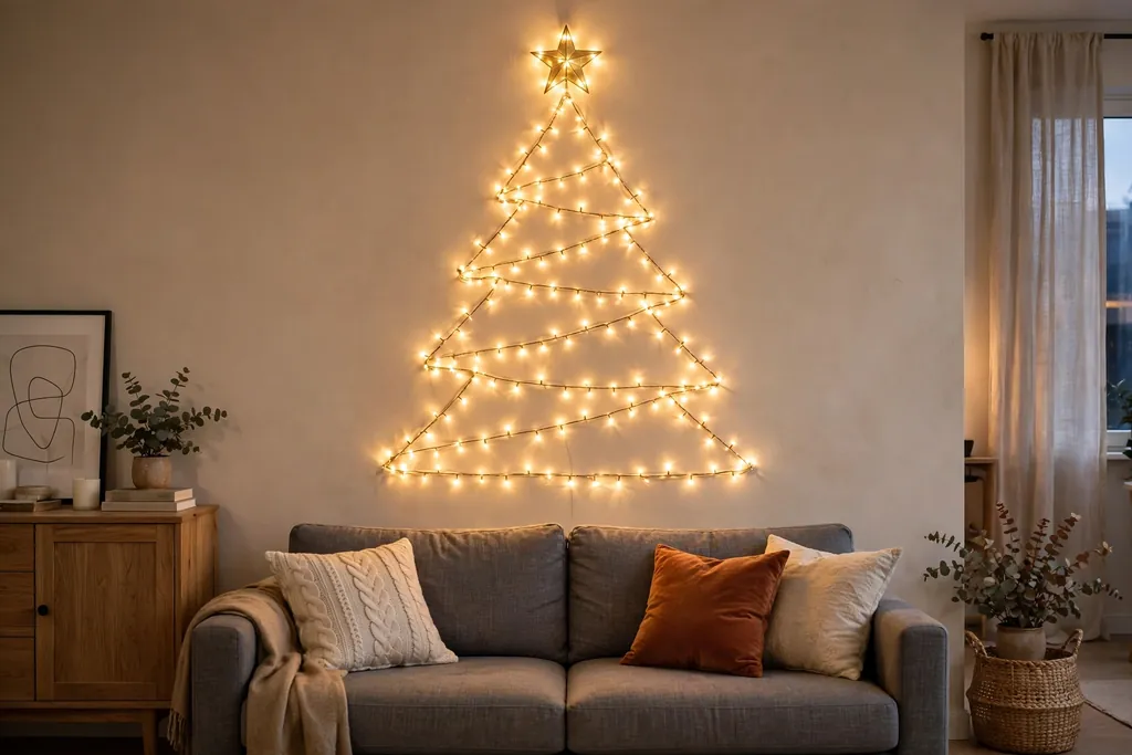 Flat Christmas tree shape made from string lights on an apartment wall.