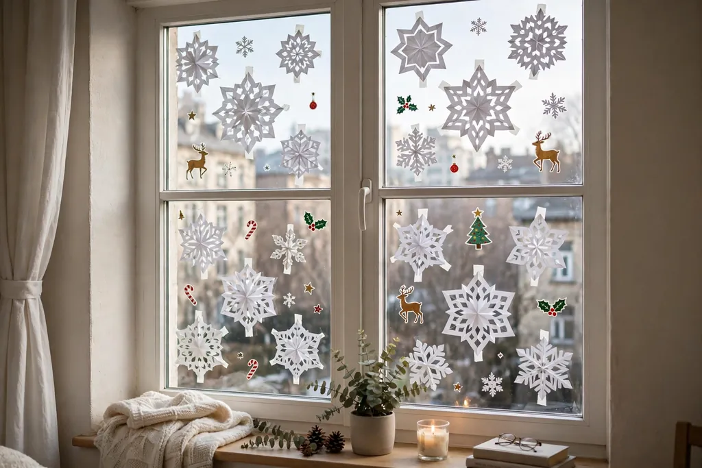 Apartment window decorated with paper snowflakes and removable decals.