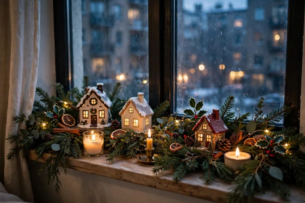 Apartment windowsill with candles, greenery, and small Christmas figures.