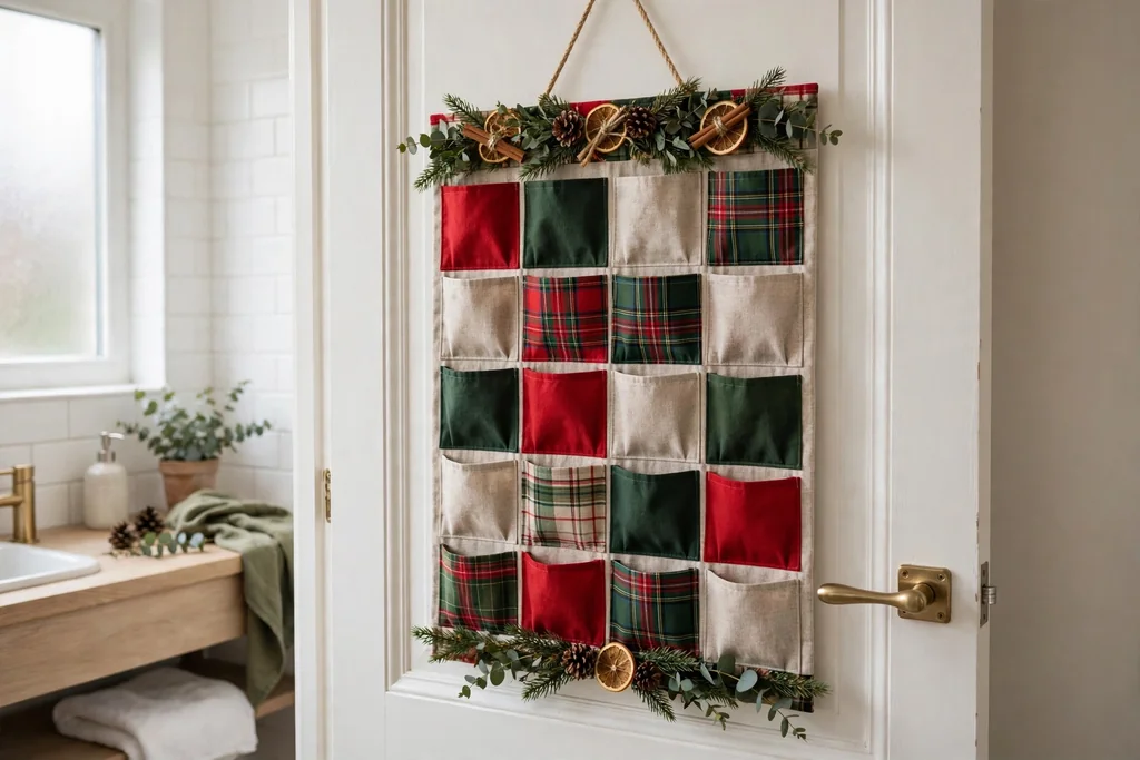 Fabric advent calendar with pockets hanging on the inside of a bathroom door.