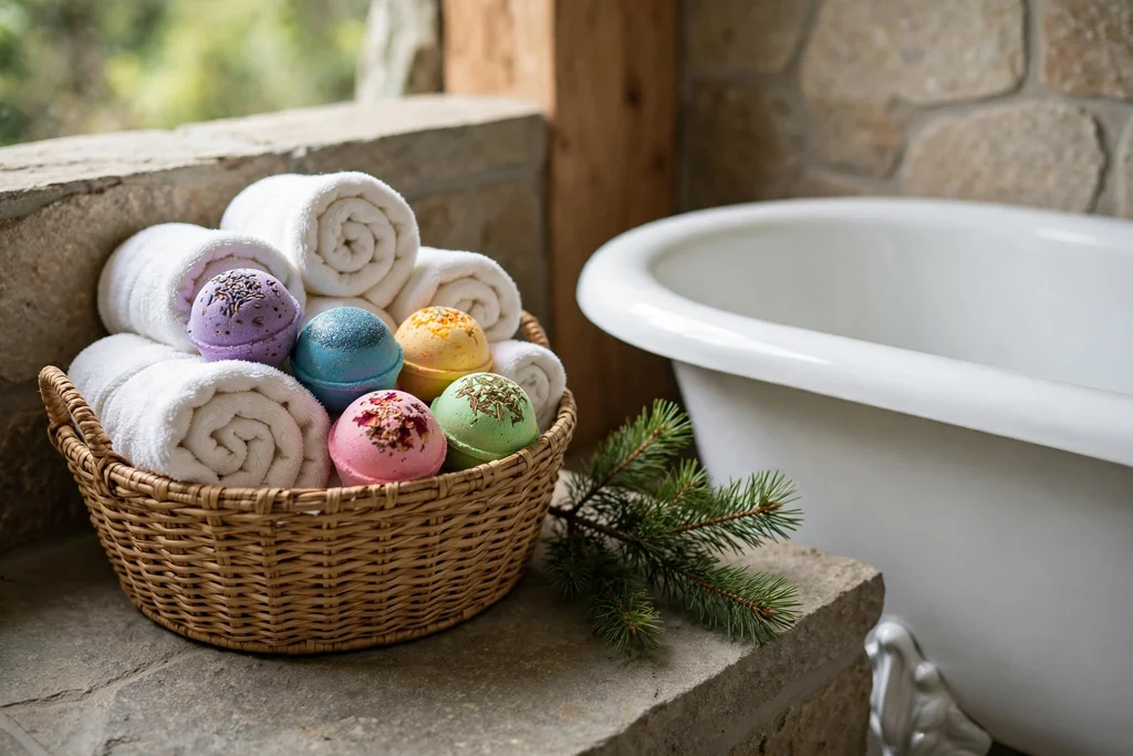 Basket with rolled towels, bath bombs, and greenery beside a bathtub.